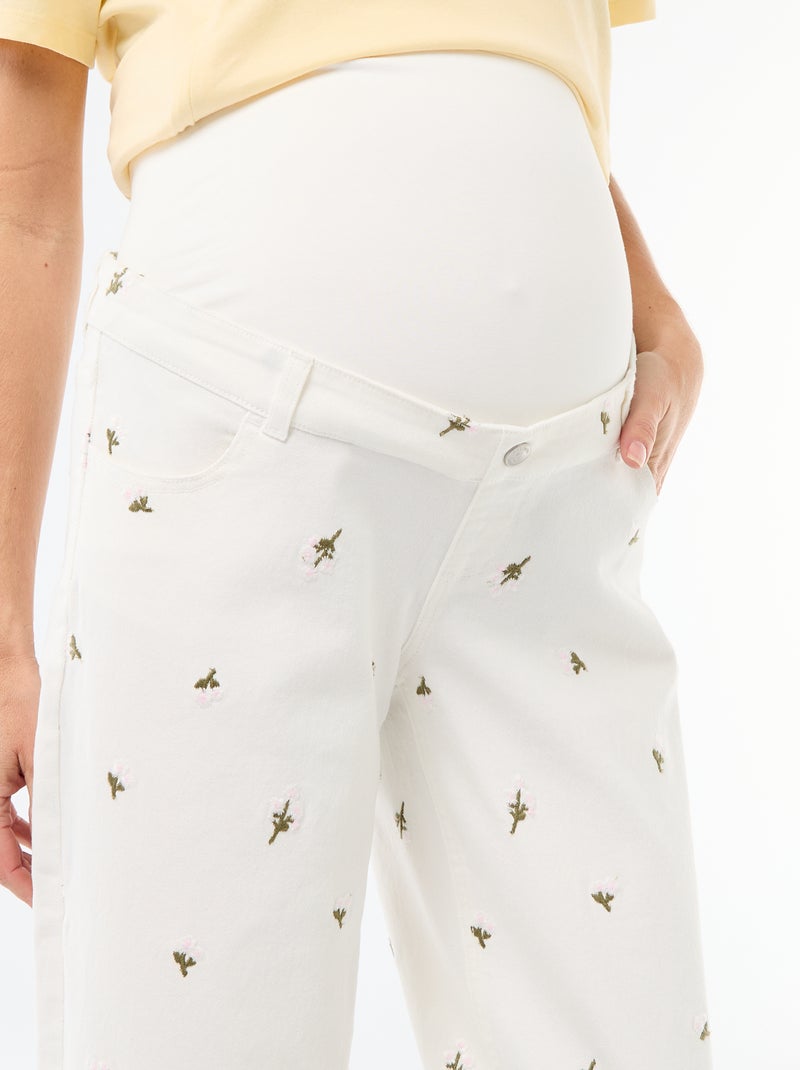 Zwangerschapsbroek met stretchband en geborduurd motief Wit - Kiabi