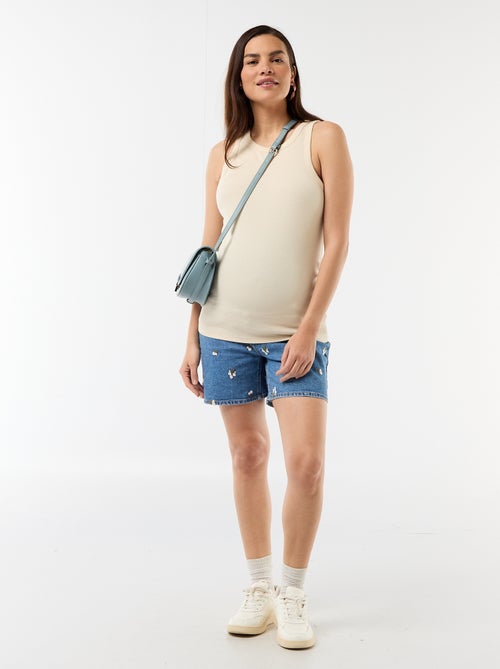 Zwangerschapsdenim bermuda met hoge taille en borduursels - Kiabi