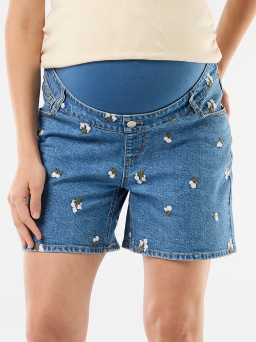 Zwangerschapsdenim bermuda met hoge taille en borduursels - Kiabi