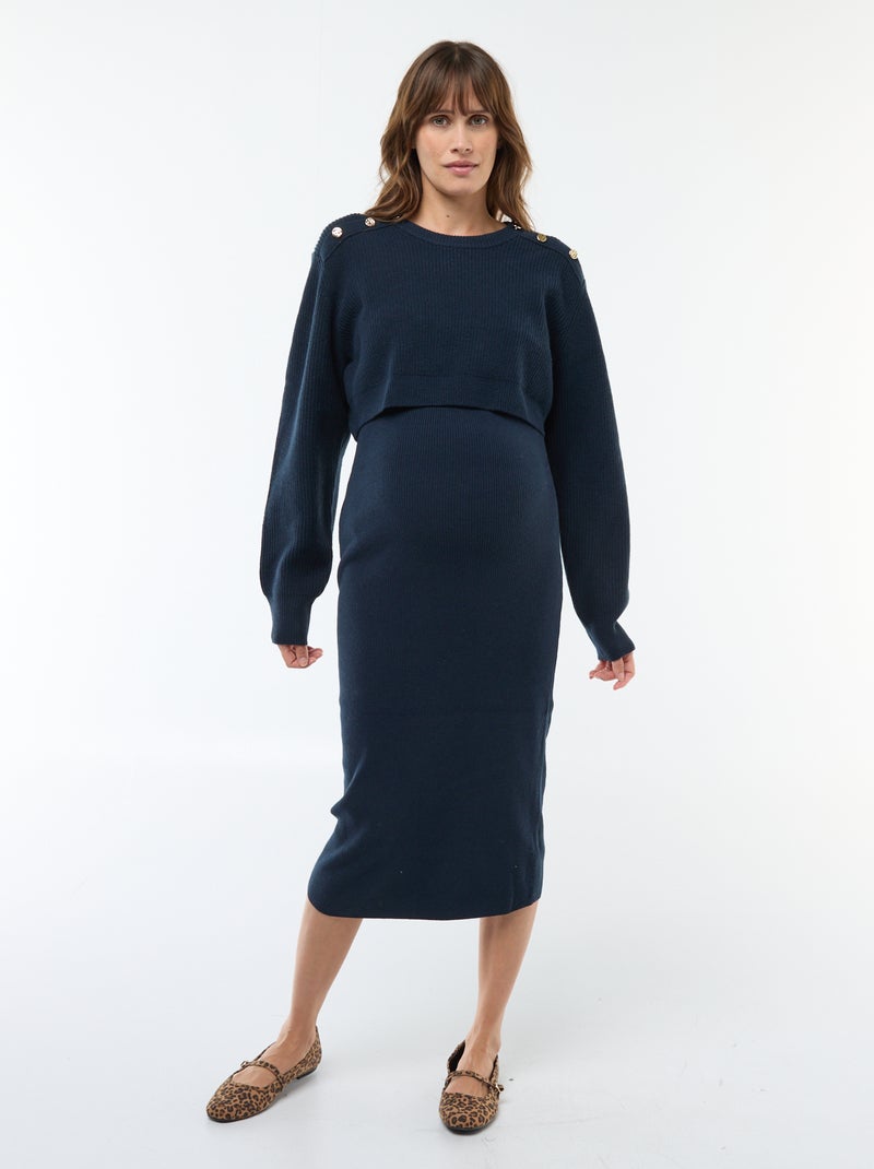 Zwangerschapssetje met halflange jurk met ribbeltextuur + korte trui Blauw - Kiabi