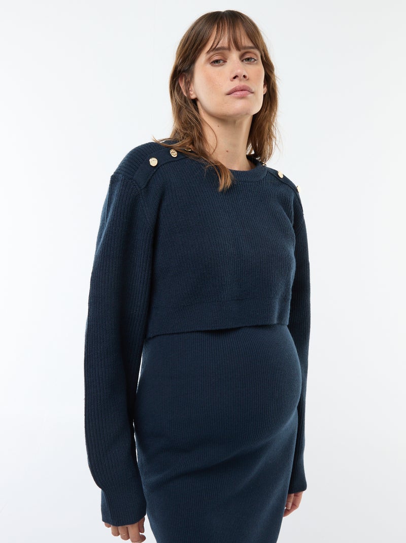 Zwangerschapssetje met halflange jurk met ribbeltextuur + korte trui Blauw - Kiabi