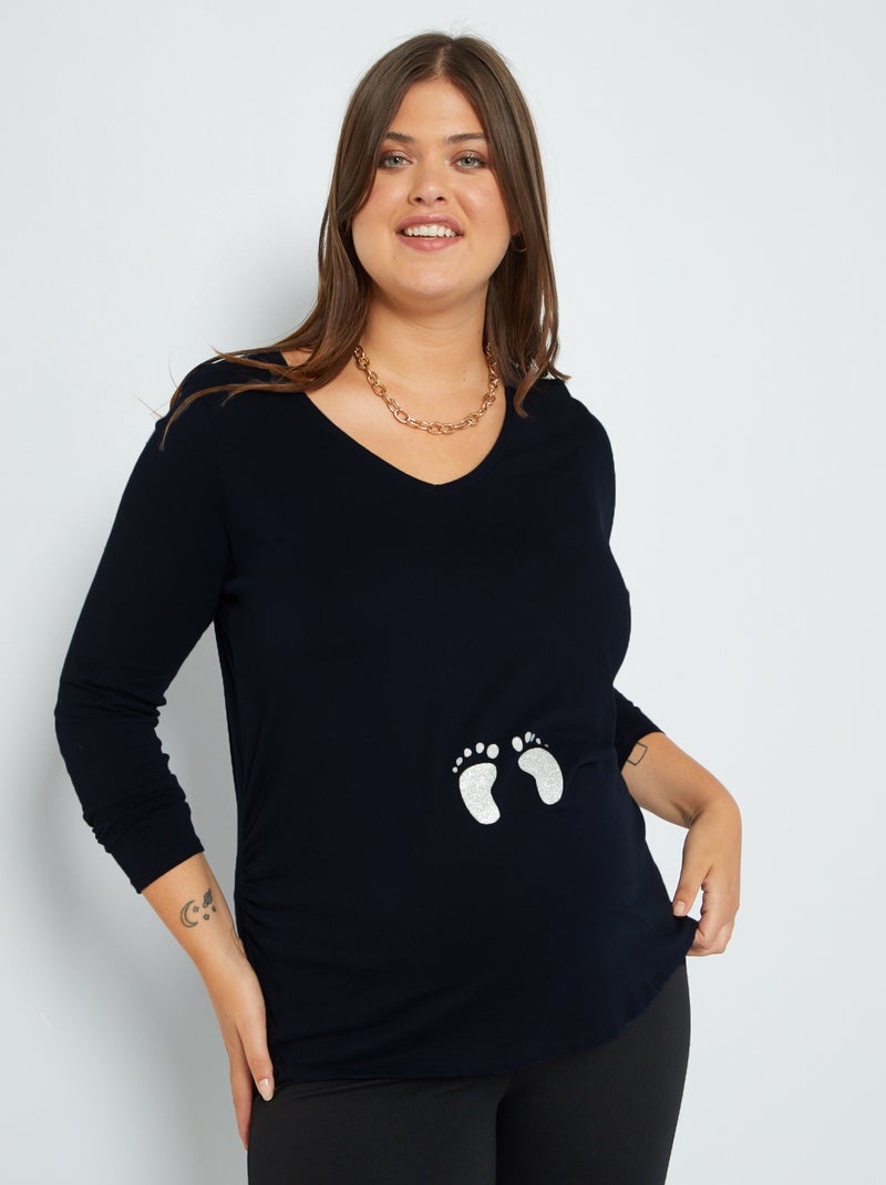 Zwangerschapsshirt met voetjesprint ZWART - Kiabi