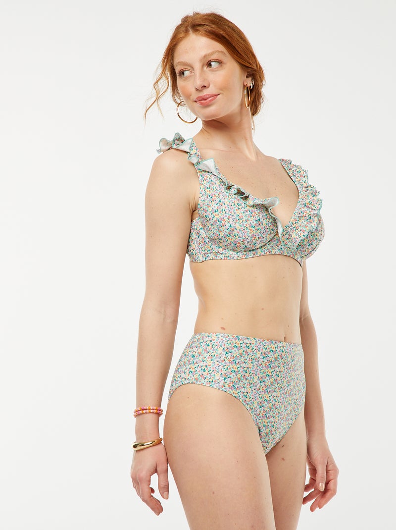 Zwembeha met bloemenprint en ruches voor cupmaat D/E BLAUW - Kiabi